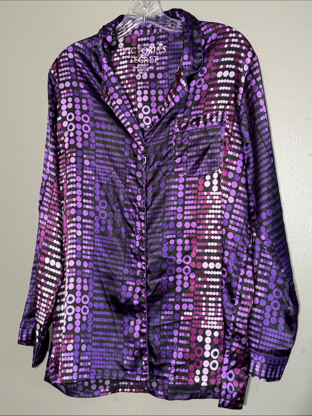 Victoria's Secret Satin Pajama Top S Purple Black Polka Dot Geometric Button